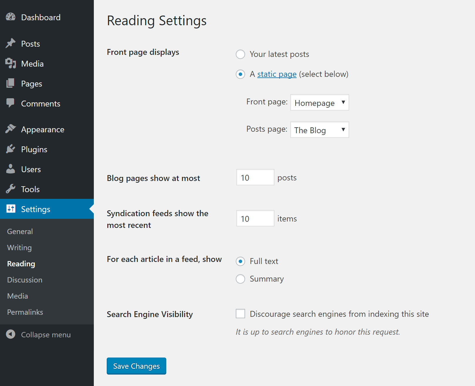 WordPress settings reading - static front page.